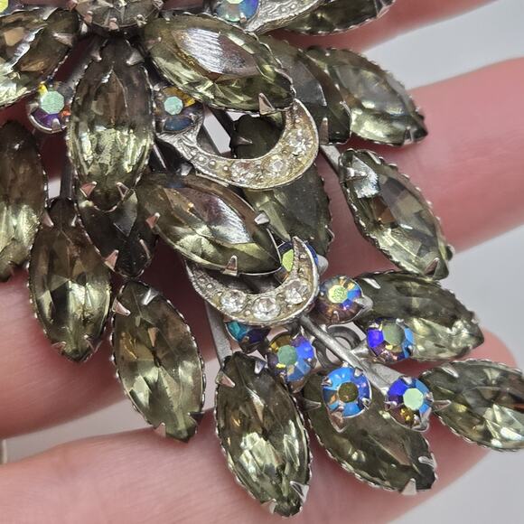 Vintage Beau Jewels Brooch Smokey Gray AB Rhinestones Spray 1950s Wedding - Picture 2 of 4